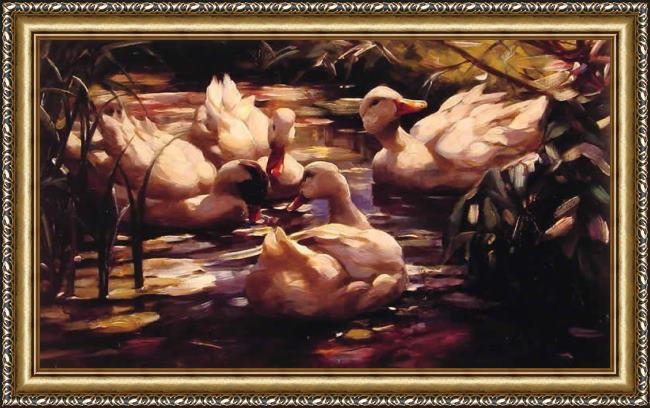 Framed Alexander Koester ducks in a forest pond painting