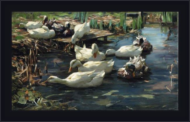 Framed Alexander Koester ducks in a quiet pool painting