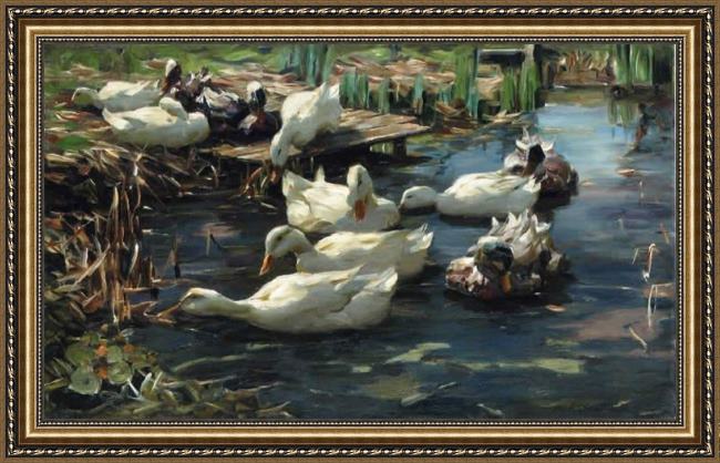 Framed Alexander Koester ducks in a quiet pool painting