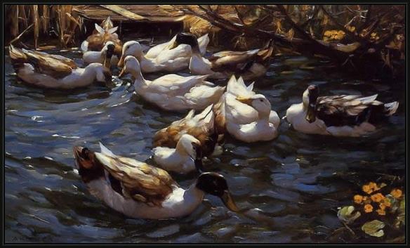Framed Alexander Koester ducks in the reeds under the boughs painting