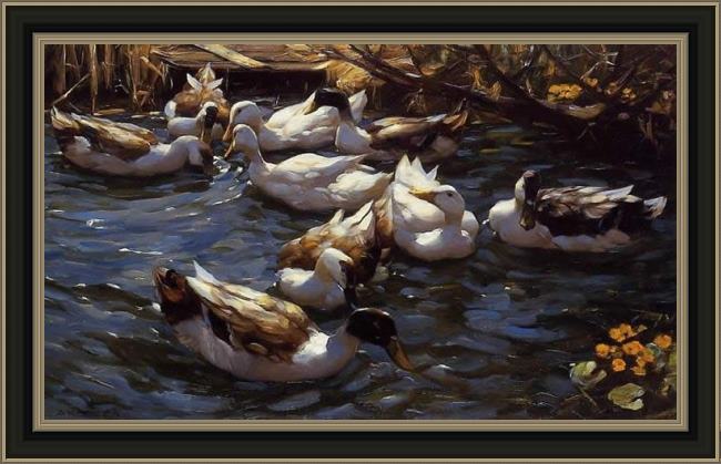 Framed Alexander Koester ducks in the reeds under the boughs painting