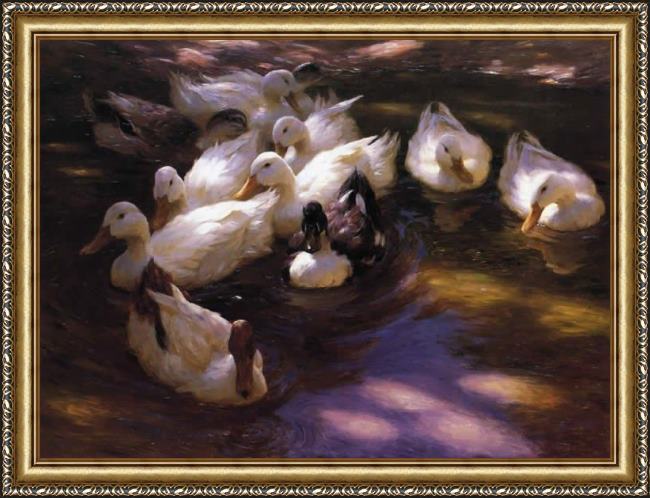 Framed Alexander Koester eleven ducks in the morning sun painting