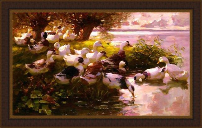Framed Alexander Koester max ducks on a lake painting
