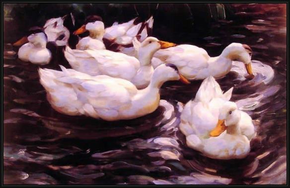 Framed Alexander Koester six ducks in a pond painting
