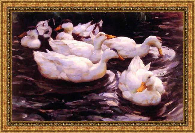Framed Alexander Koester six ducks in a pond painting