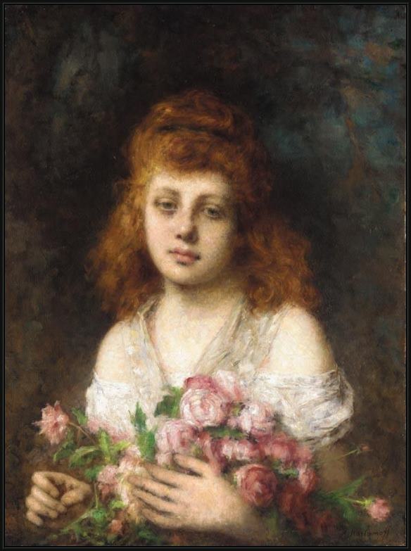 Framed Alexei Alexeivich Harlamoff auburn-haired beauty with bouqet of roses painting