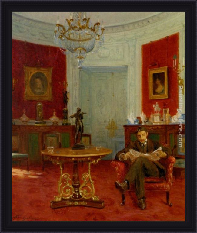 Framed Alfred Guillou self portrait in an interior painting