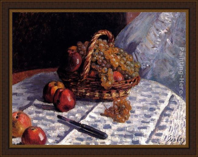 Framed Alfred Sisley still life apples and grapes painting