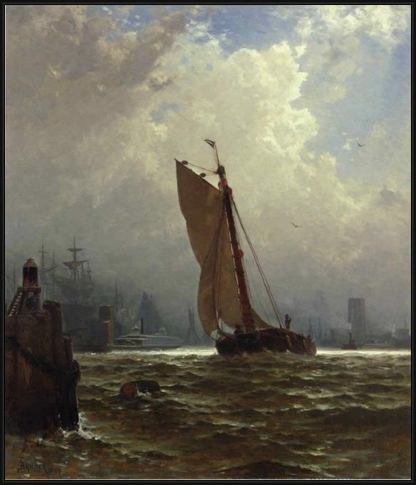 Framed Alfred Thompson Bricher new york harbor with the brooklyn bridge under construction painting