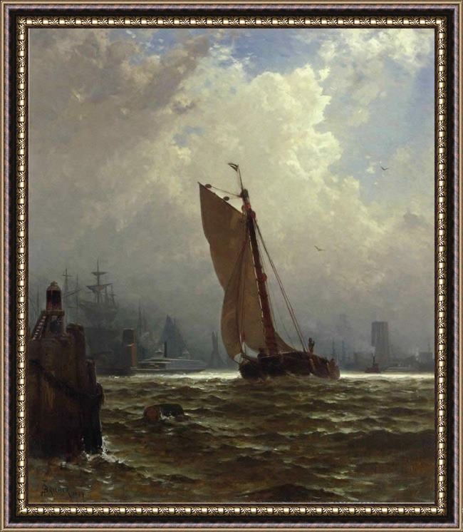Framed Alfred Thompson Bricher new york harbor with the brooklyn bridge under construction painting