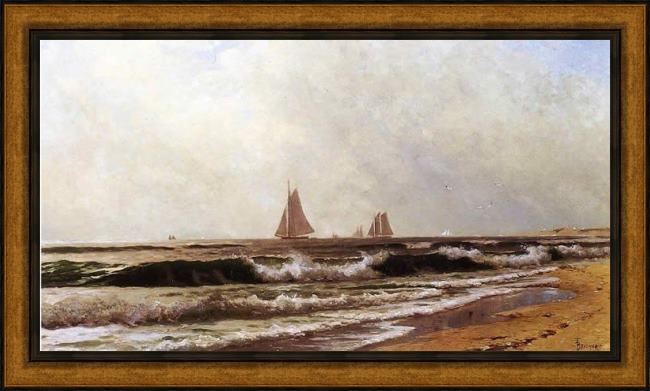 Framed Alfred Thompson Bricher sailboats along the shore also known as southampton beach painting