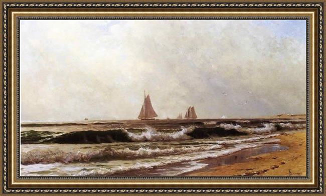 Framed Alfred Thompson Bricher sailboats along the shore also known as southampton beach painting