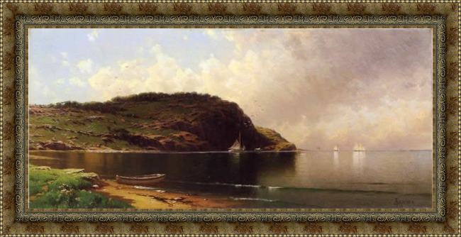 Framed Alfred Thompson Bricher seascape with dory and sailboats painting