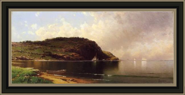 Framed Alfred Thompson Bricher seascape with dory and sailboats painting