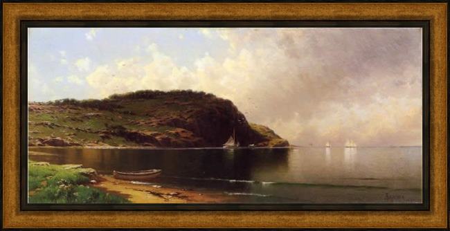 Framed Alfred Thompson Bricher seascape with dory and sailboats painting