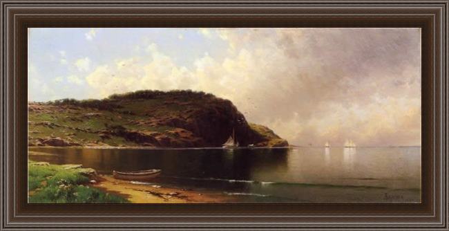 Framed Alfred Thompson Bricher seascape with dory and sailboats painting