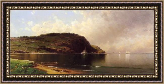 Framed Alfred Thompson Bricher seascape with dory and sailboats painting