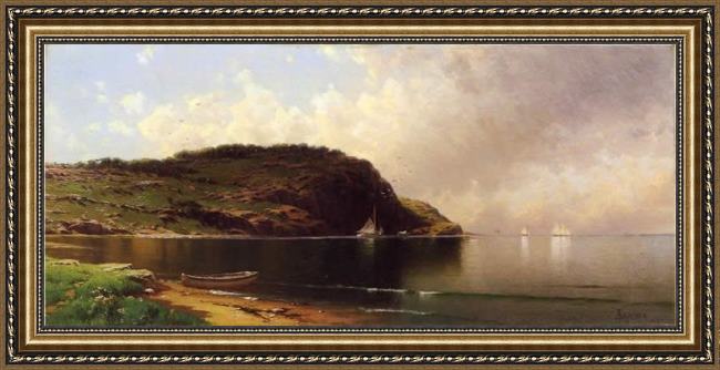 Framed Alfred Thompson Bricher seascape with dory and sailboats painting