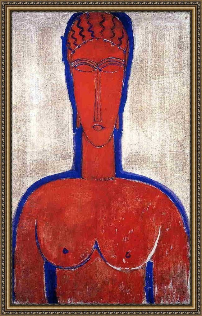 Framed Amedeo Modigliani big red bust painting