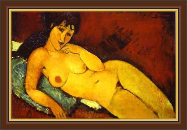 Framed Amedeo Modigliani nude on a blue cushion painting
