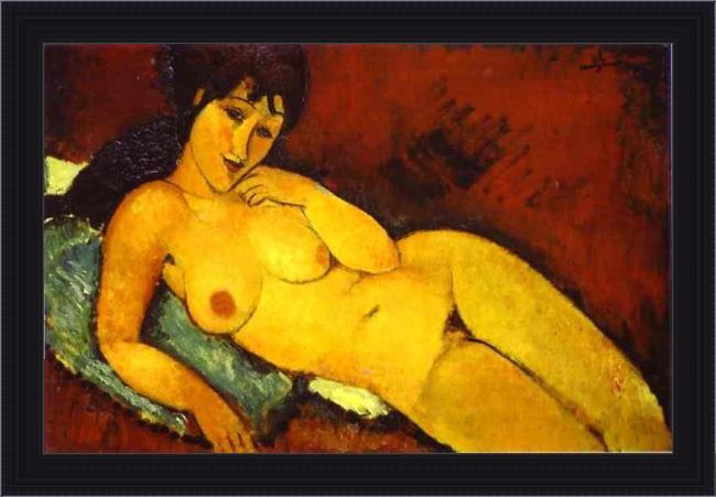 Framed Amedeo Modigliani nude on a blue cushion painting