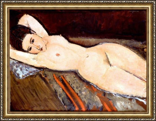 Framed Amedeo Modigliani nude with hands behind head painting