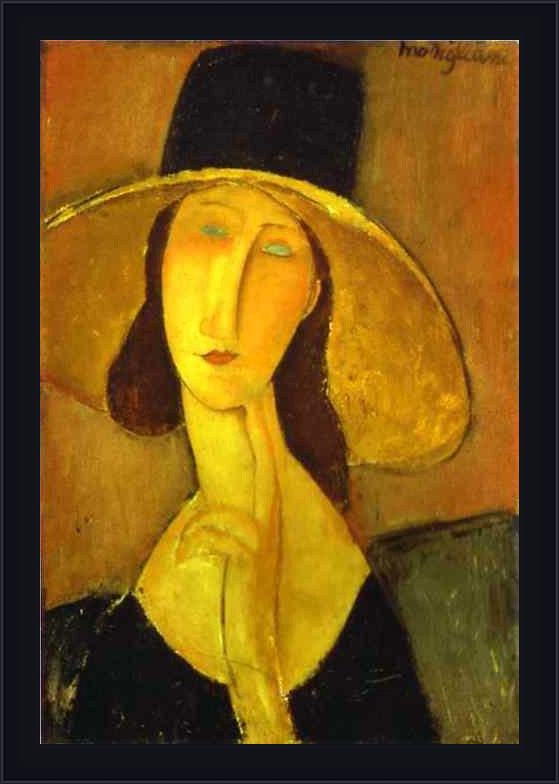 Framed Amedeo Modigliani portrait of woman in hat painting