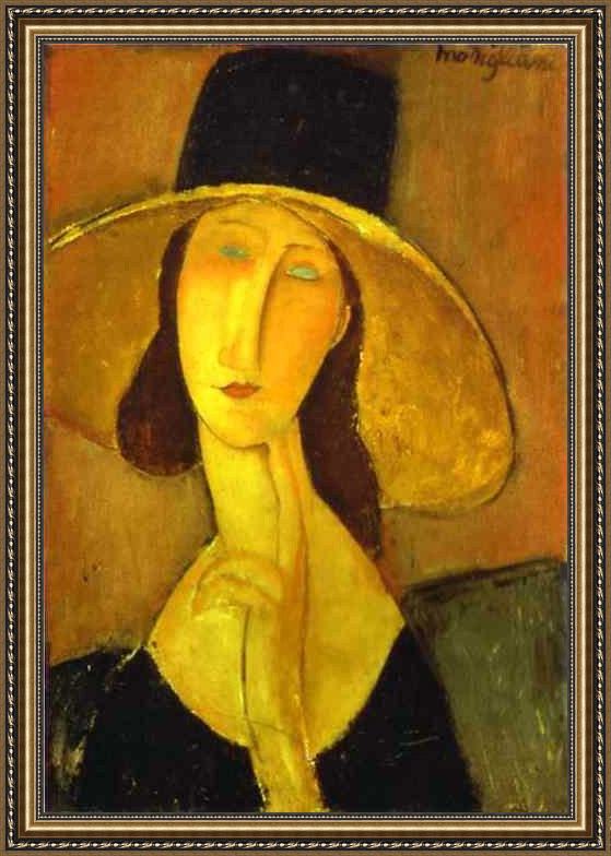 Framed Amedeo Modigliani portrait of woman in hat painting