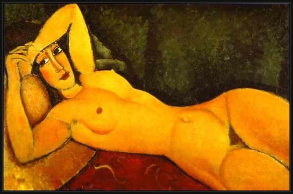 Framed Amedeo Modigliani reclining nude with left arm resting on forehead painting