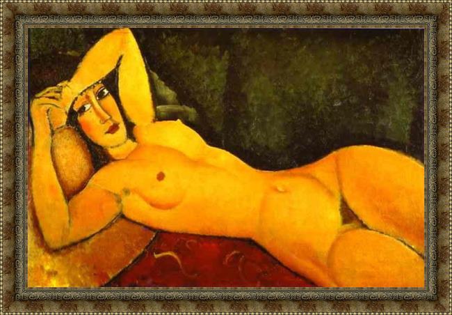 Framed Amedeo Modigliani reclining nude with left arm resting on forehead painting