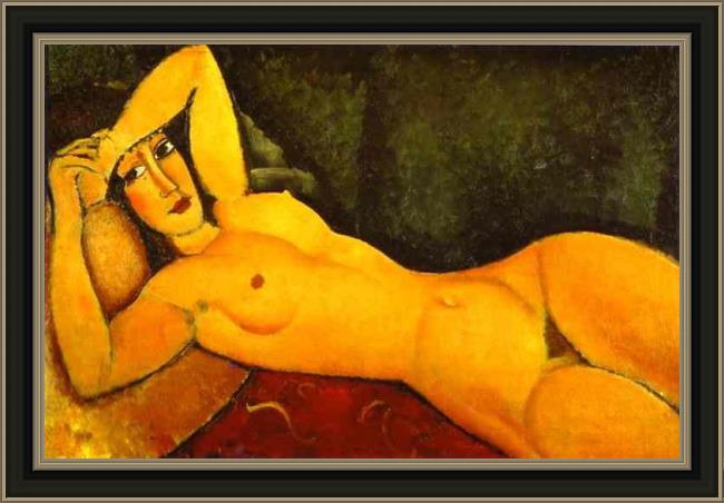 Framed Amedeo Modigliani reclining nude with left arm resting on forehead painting