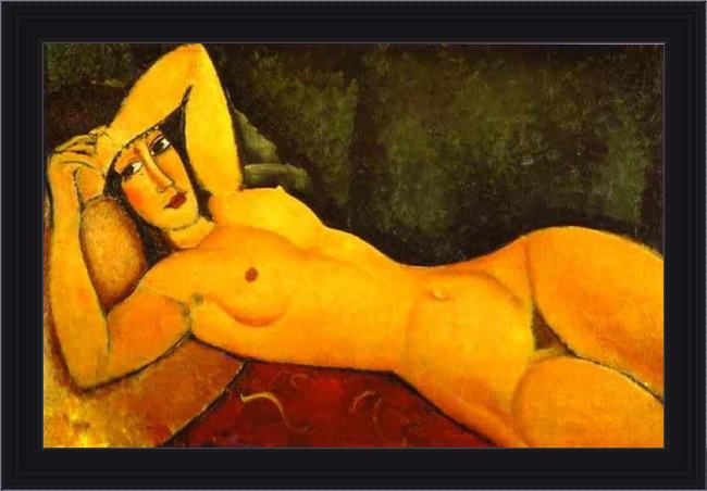 Framed Amedeo Modigliani reclining nude with left arm resting on forehead painting