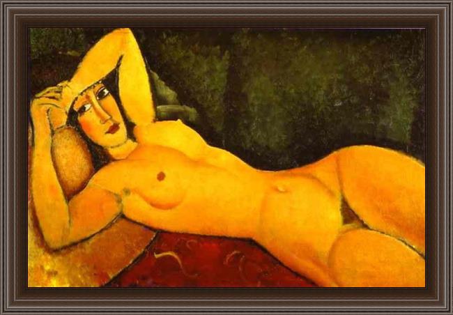 Framed Amedeo Modigliani reclining nude with left arm resting on forehead painting