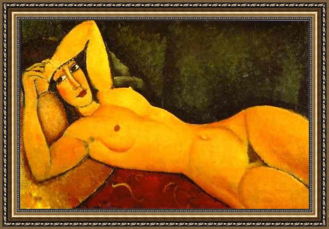 Framed Amedeo Modigliani reclining nude with left arm resting on forehead painting