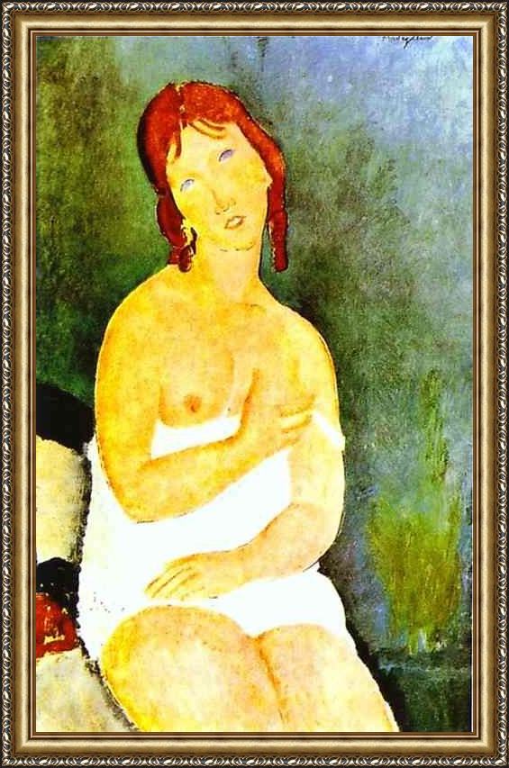 Framed Amedeo Modigliani red-haired young woman in chemise painting