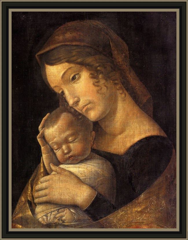 Framed Andrea Mantegna madonna with sleeping child painting