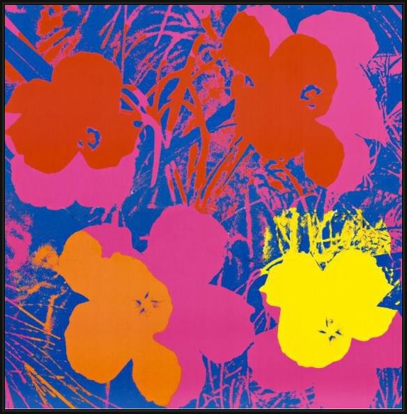 Framed Andy Warhol flowers, 1970 (red, yellow, orange on blue painting