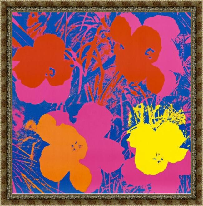 Framed Andy Warhol flowers, 1970 (red, yellow, orange on blue painting