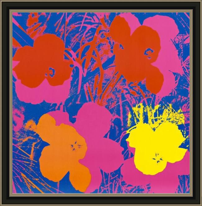 Framed Andy Warhol flowers, 1970 (red, yellow, orange on blue painting