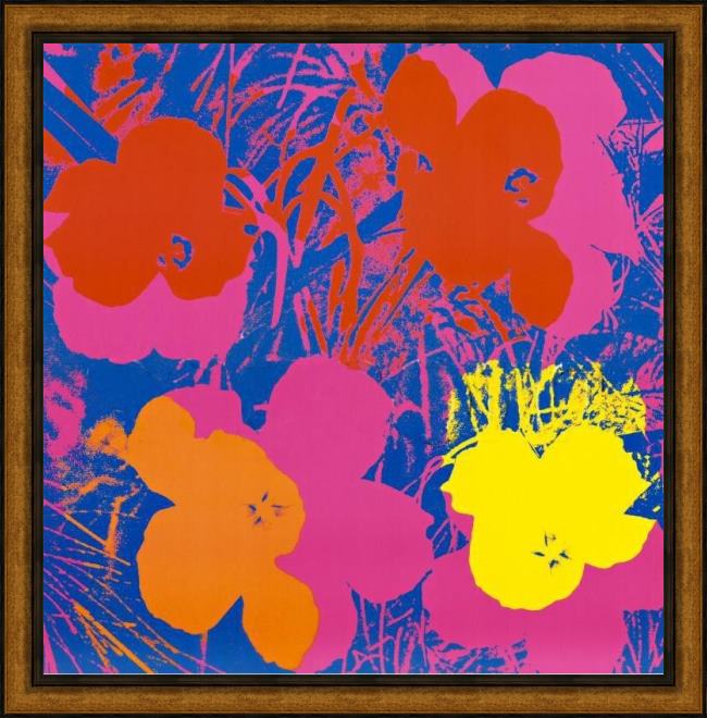 Framed Andy Warhol flowers, 1970 (red, yellow, orange on blue painting