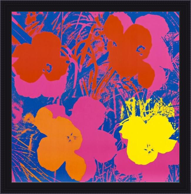 Framed Andy Warhol flowers, 1970 (red, yellow, orange on blue painting