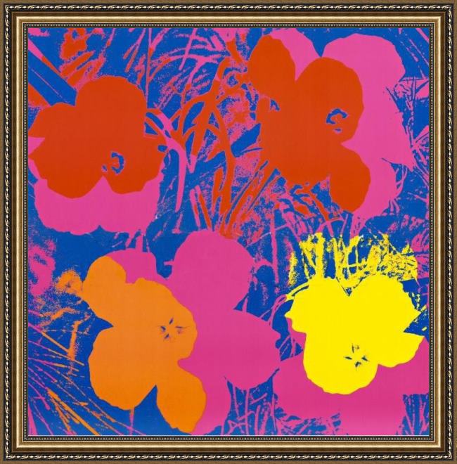 Framed Andy Warhol flowers, 1970 (red, yellow, orange on blue painting