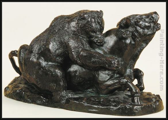 Framed Antoine Louis Barye bull attacked by a bear painting