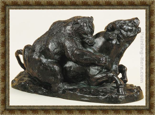 Framed Antoine Louis Barye bull attacked by a bear painting