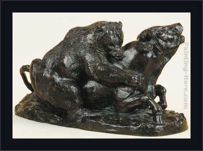 Framed Antoine Louis Barye bull attacked by a bear painting