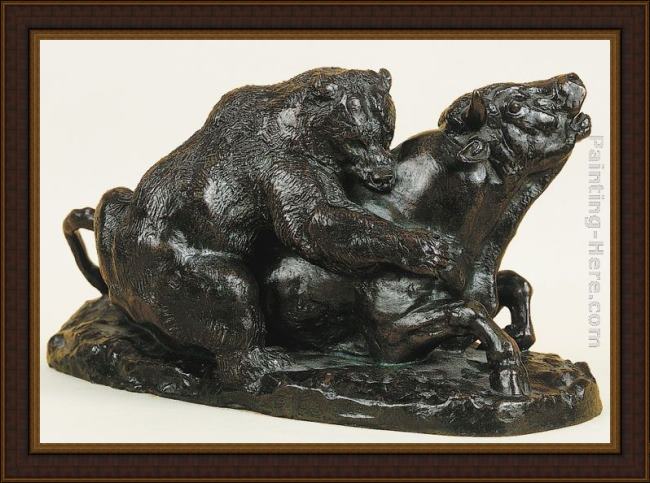 Framed Antoine Louis Barye bull attacked by a bear painting