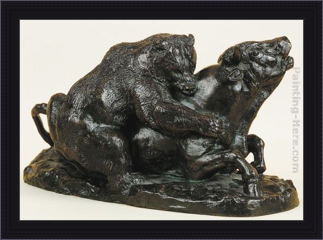 Framed Antoine Louis Barye bull attacked by a bear painting