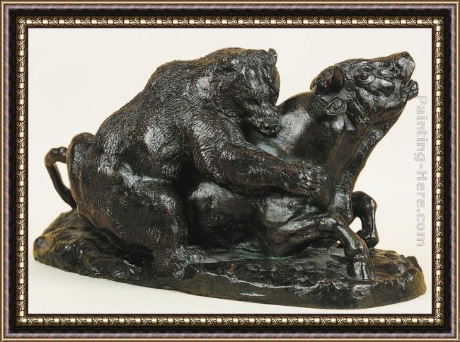 Framed Antoine Louis Barye bull attacked by a bear painting