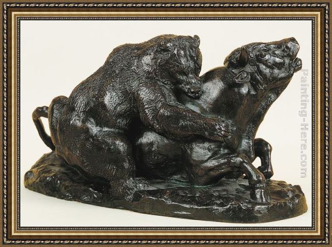 Framed Antoine Louis Barye bull attacked by a bear painting