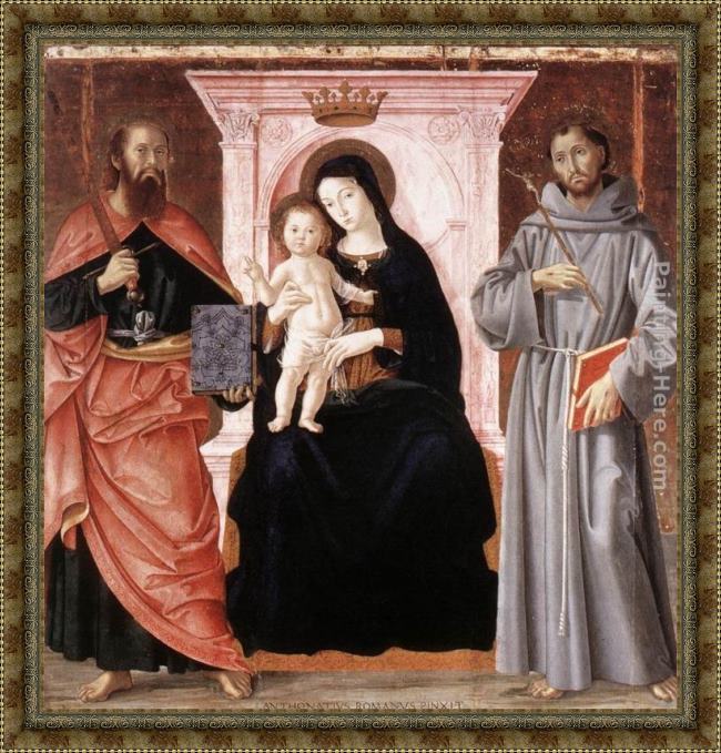 Framed Antoniazzo Romano madonna enthroned with the infant christ and saints painting